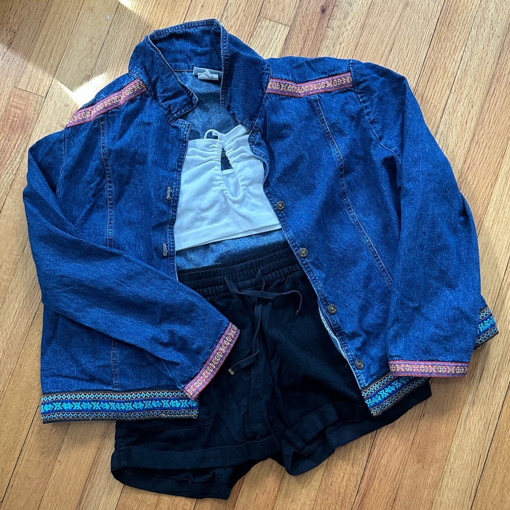 cool vintage fake denim jacket with embroidered cuffs by studio ease !!